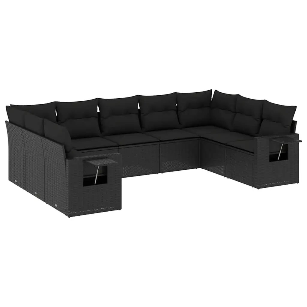 Garden Sofa Set 9 Piece Outdoor Furniture Black Poly Rattan with Cushions