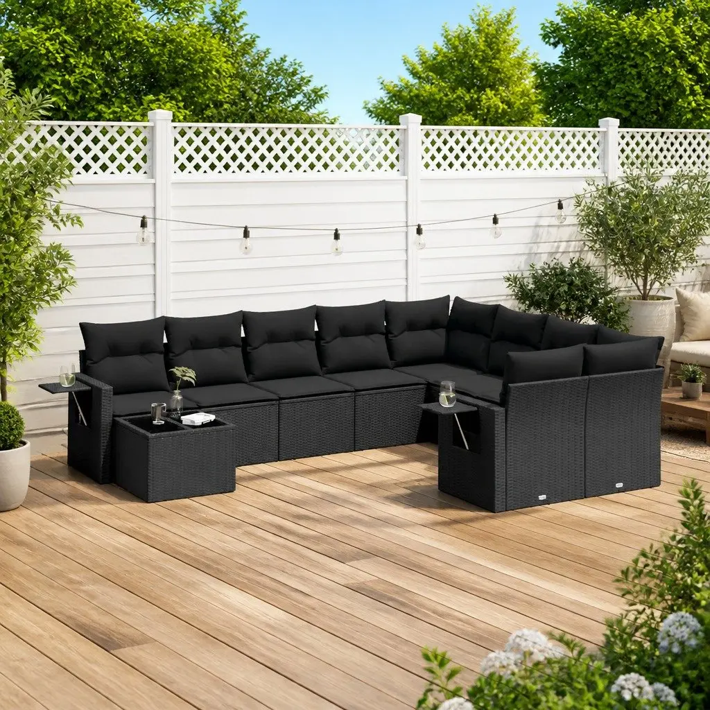 Garden Sofa Set 10 Piece Outdoor Furniture Black Poly Rattan Modular Patio