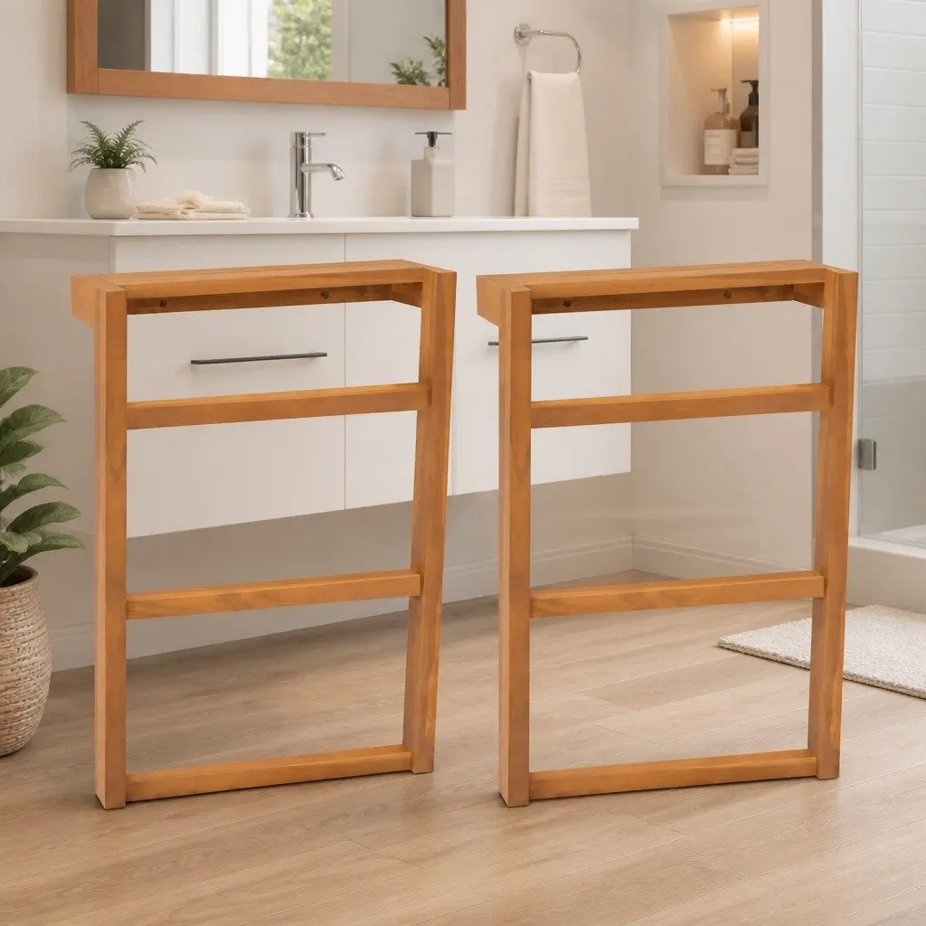 Solid Teak Wood Bathroom Towel Rack Rustic Storage Holder 2 Piece Set