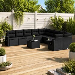Garden Sofa Set 11 Piece Outdoor Patio Furniture Black Poly Rattan with Cushions