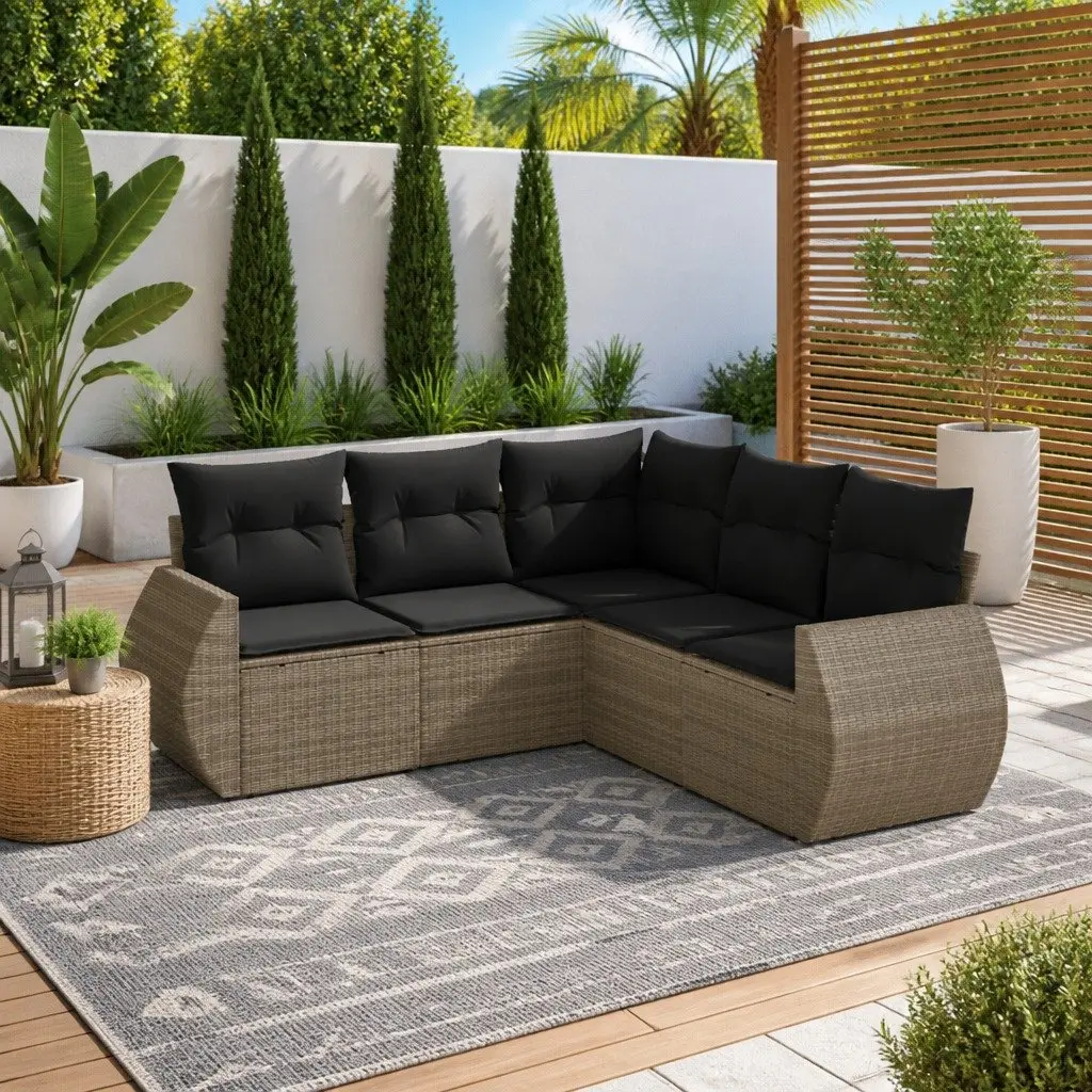 5 Piece Garden Sofa Set Grey Poly Rattan Outdoor Furniture with Storage Cushions