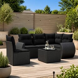 6 Piece Outdoor Garden Sofa Set Black PE Rattan Patio Furniture with Cushions