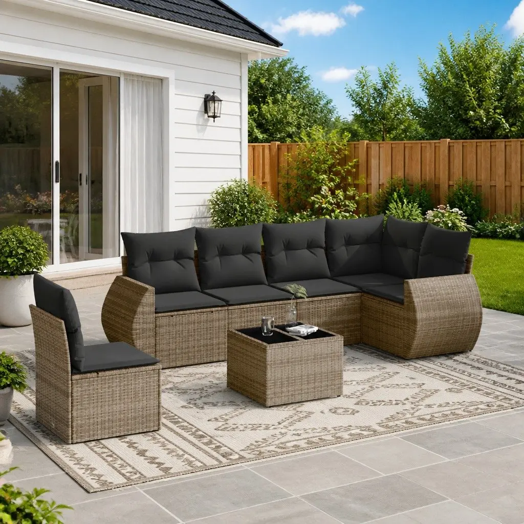 7 Piece Garden Sofa Set Grey Poly Rattan Outdoor Furniture Patio Sectional