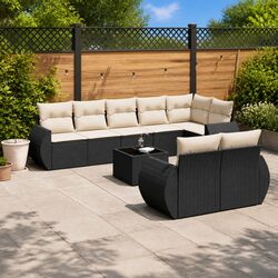 Outdoor Garden Sofa Set 9 Piece Black Poly Rattan Patio Furniture with Cushions