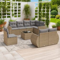 Garden Sofa Set 9 Piece Outdoor Furniture Patio Beige Poly Rattan with Cushions