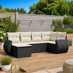 Garden Sofa Set 6 Piece Outdoor Furniture Black Poly Rattan Modular Seating