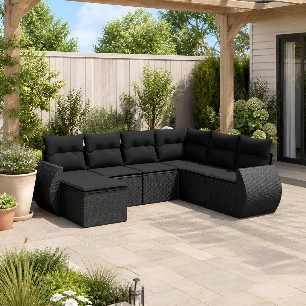 Garden Sofa Set 7 Piece Outdoor Furniture Black Poly Rattan Modular