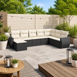 Garden Sofa Set 8 Piece Outdoor Patio Furniture Black Poly Rattan with Cushions