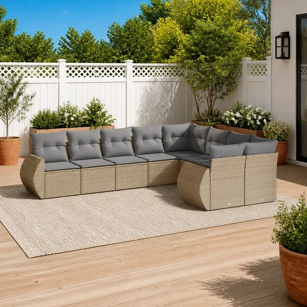 Garden Sofa Set 9 Piece Outdoor Furniture Modular Beige Poly Rattan Patio Lounge