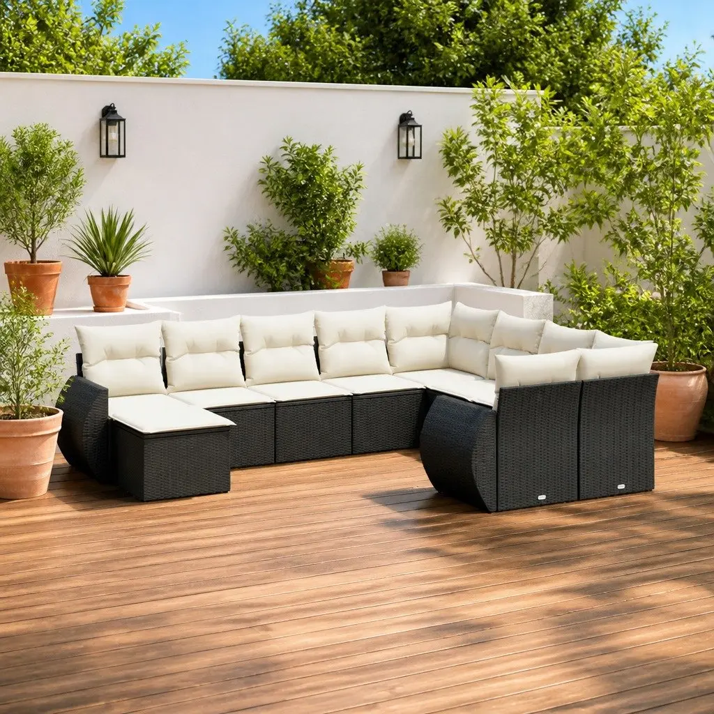 Garden Sofa Set 10 Piece Outdoor Furniture Patio Black Poly Rattan with Cushions