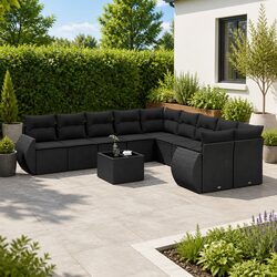 Garden Sofa Set 11 Piece Outdoor Furniture Black Poly Rattan Modular Patio