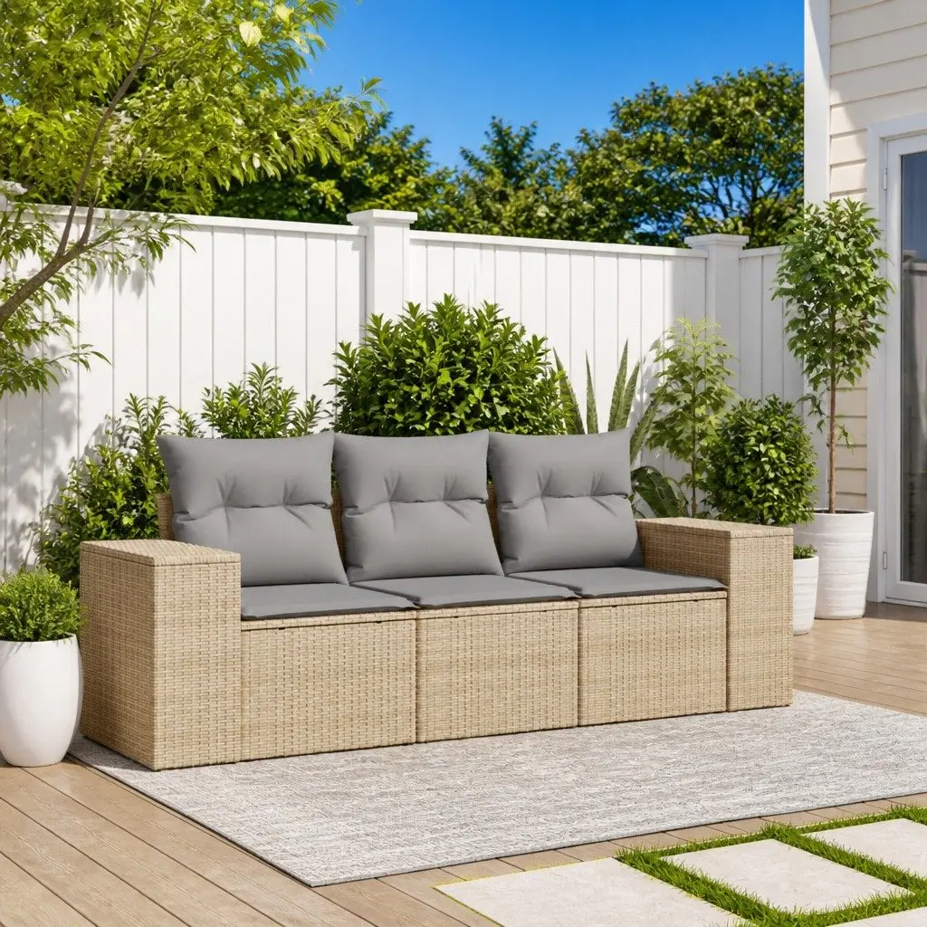 3 Piece Garden Sofa Set Outdoor Patio Furniture Beige Cushions Poly Rattan