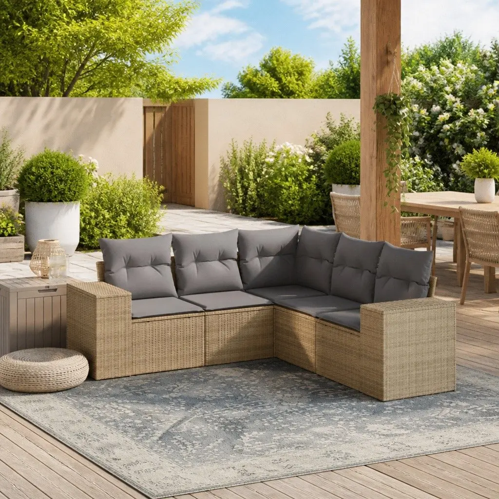 5 Piece Garden Sofa Set Outdoor Furniture Modular Beige Poly Rattan Patio Lounge