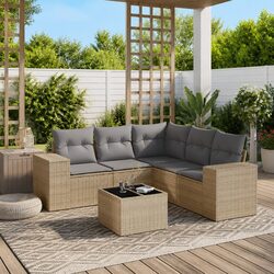 Outdoor Garden Sofa Set 6 Piece Beige Poly Rattan Patio Furniture with Cushions