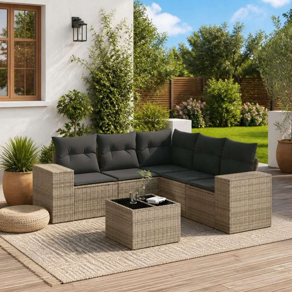 Garden Sofa Set 6 Piece Outdoor Furniture Grey Poly Rattan with Cushions