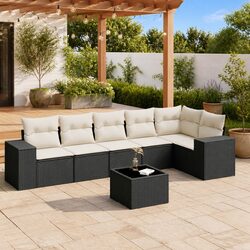 7 Piece Garden Sofa Set Outdoor Patio Furniture with Cushions Black Poly Rattan