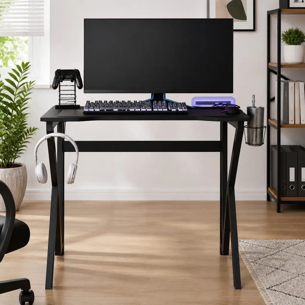 Gaming Desk Black K Shape Legs Computer Workstation Ergonomic Design Office