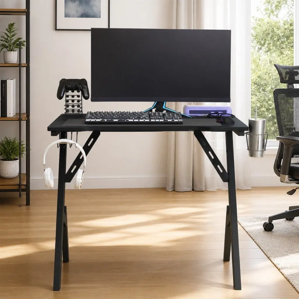 Black Gaming Desk Y Shape Legs for Computer Workstation 90x60x75cm