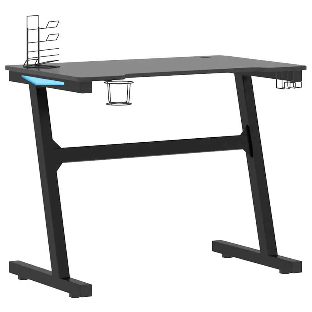 Gaming Desk LED RGB Black Z Shape Legs Computer Workstation Ergonomic Design