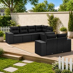 Comfortable 7 Piece Black Rattan Sofa Set for Outdoors
