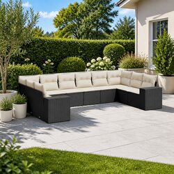 Cozy 10-Piece Black Rattan Garden Sofa Set with Cushions