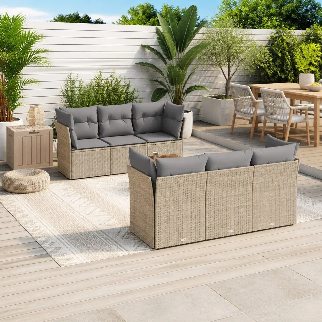 7 Piece Garden Sofa Set Outdoor Furniture Cushions Beige Poly Rattan