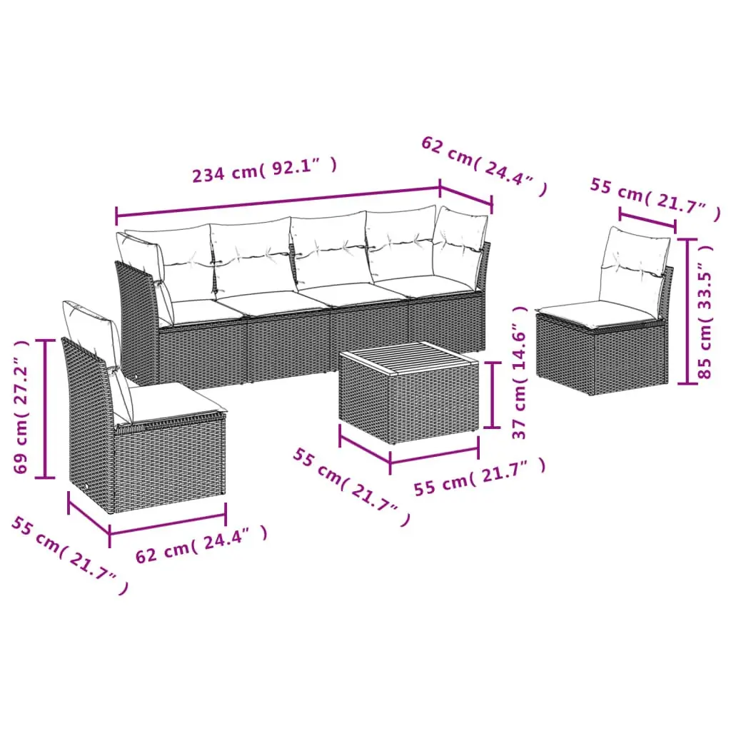 Outdoor Furniture Sofa Set 7 Piece Modular Patio Cushions Beige Poly Rattan with Acacia Wood Table