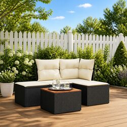 5 Piece Outdoor Garden Sofa Set with Storage Cushions Black Poly Rattan Patio