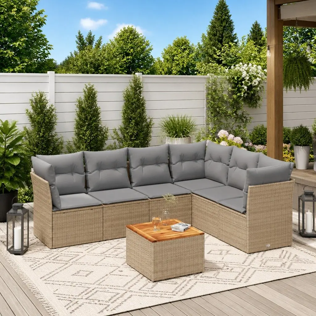 7 Piece Garden Sofa Set Outdoor Furniture Beige Poly Rattan Patio Seating