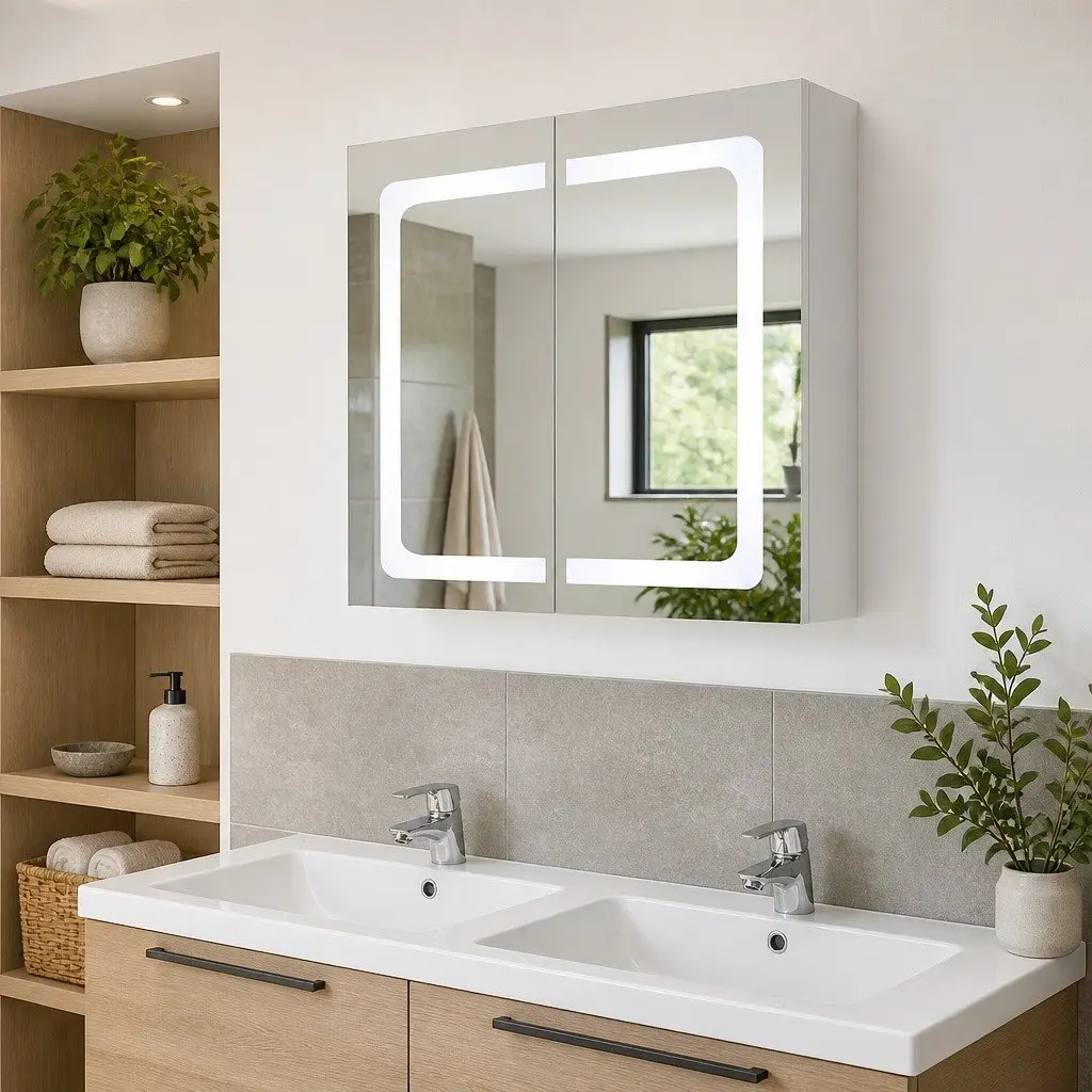 LED Bathroom Mirror Cabinet Anthracite Storage Unit 80x12.2x68cm