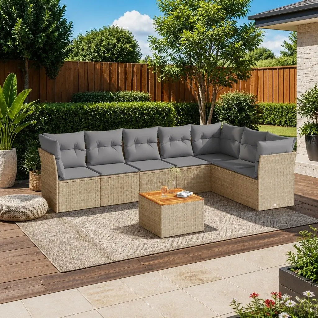 Garden Sofa Set 8 Piece Outdoor Furniture Modular Beige Cushions PE Rattan