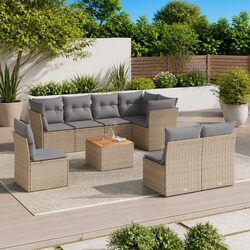 Garden Sofa Set 9 Piece Outdoor Furniture Beige Poly Rattan Patio Lounge with