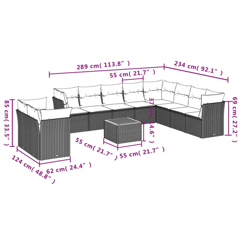 11 Piece Garden Sofa Set Grey Poly Rattan Outdoor Furniture with Cushions