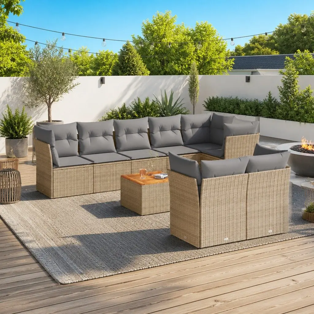 Garden Sofa Set 9 Piece Outdoor Furniture Patio Seating Beige Poly Rattan