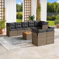 9 Piece Outdoor Garden Sofa Set Grey Poly Rattan Patio Furniture with Cushions
