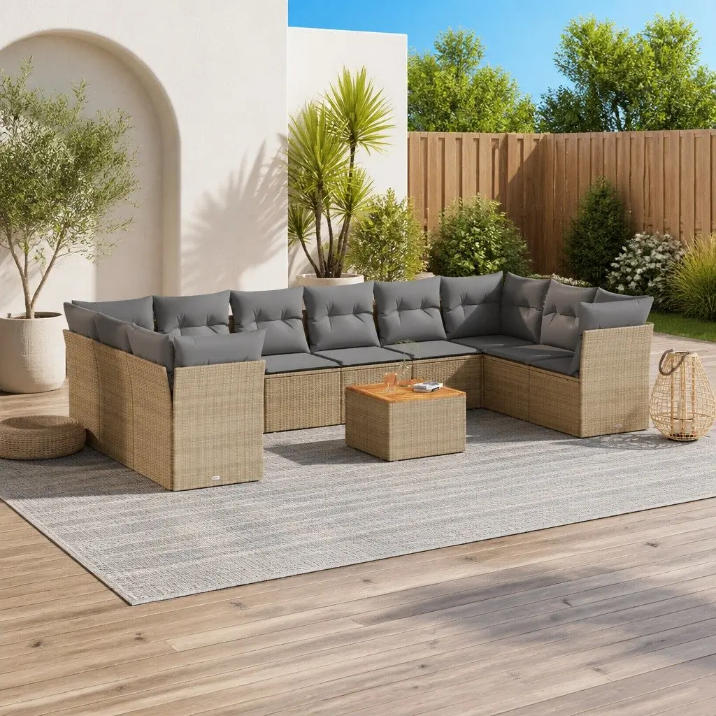 Outdoor Garden Sofa Set Modular 11 Piece Beige Poly Rattan Patio Furniture with Cushions