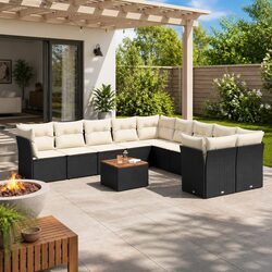 Garden Sofa Set 11 Piece Outdoor Patio Furniture Black Poly Rattan with Cushions