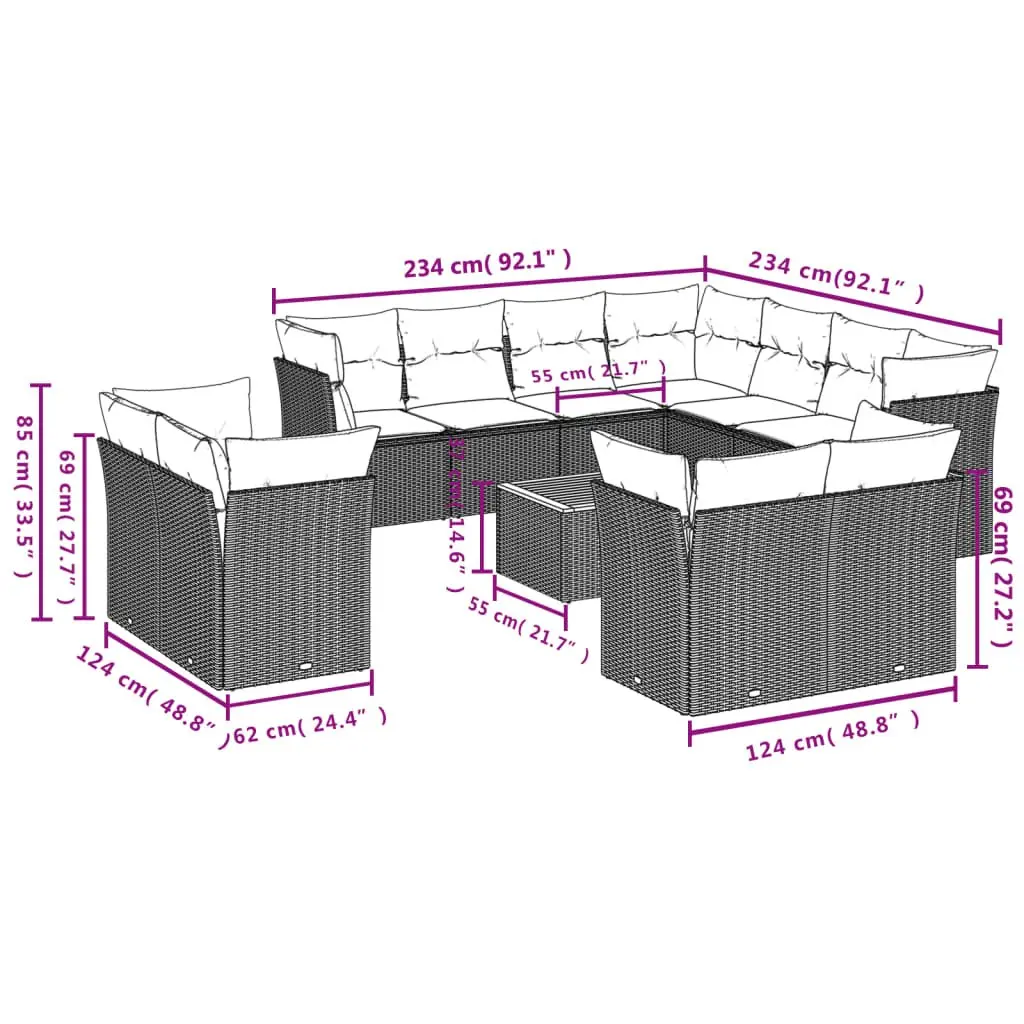 Garden Sofa Set 12 Pieces Grey Poly Rattan Outdoor Furniture with Cushions