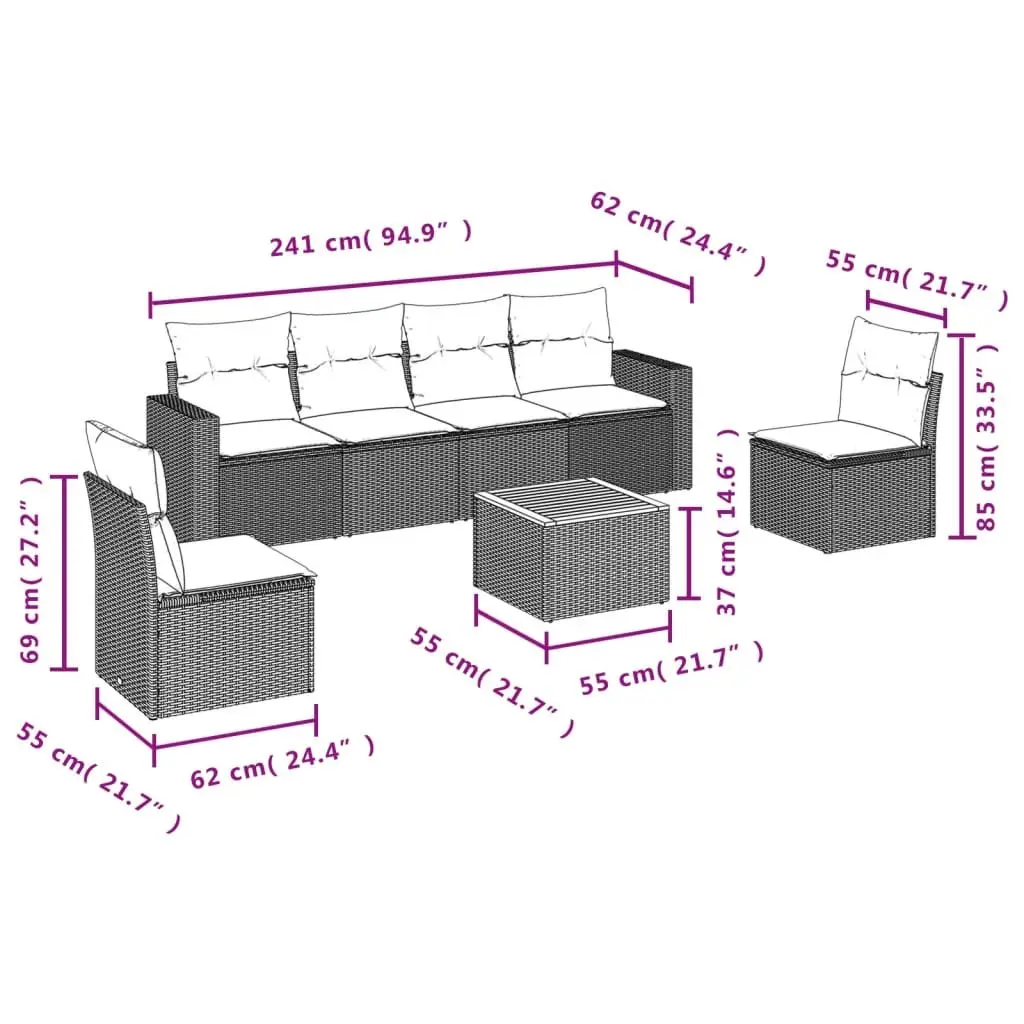 Outdoor Sofa Set Modular Grey Poly Rattan 7 Piece Patio Furniture Lounge Seating