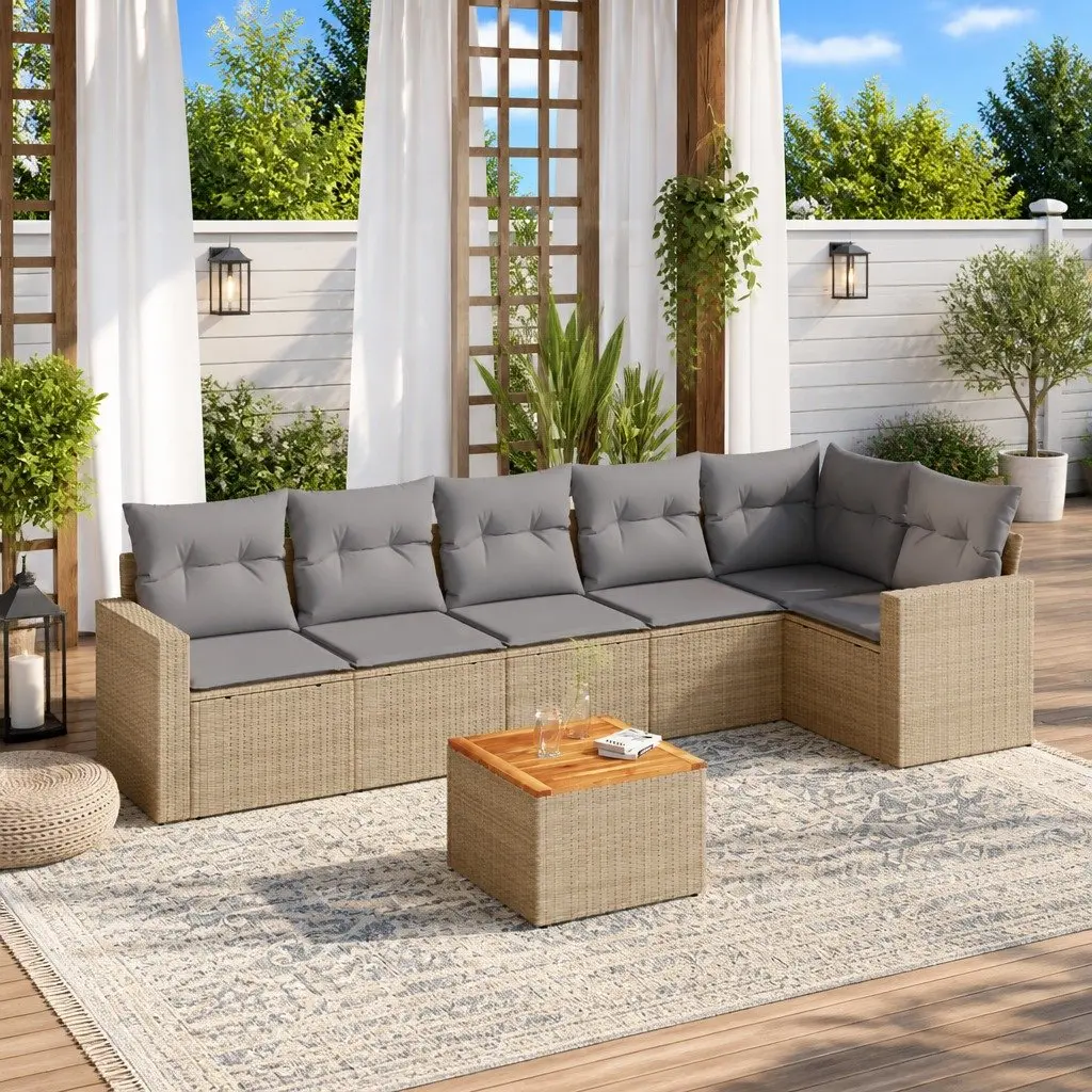 Garden Sofa Set 7 Piece Outdoor Furniture Beige Poly Rattan Patio Seating
