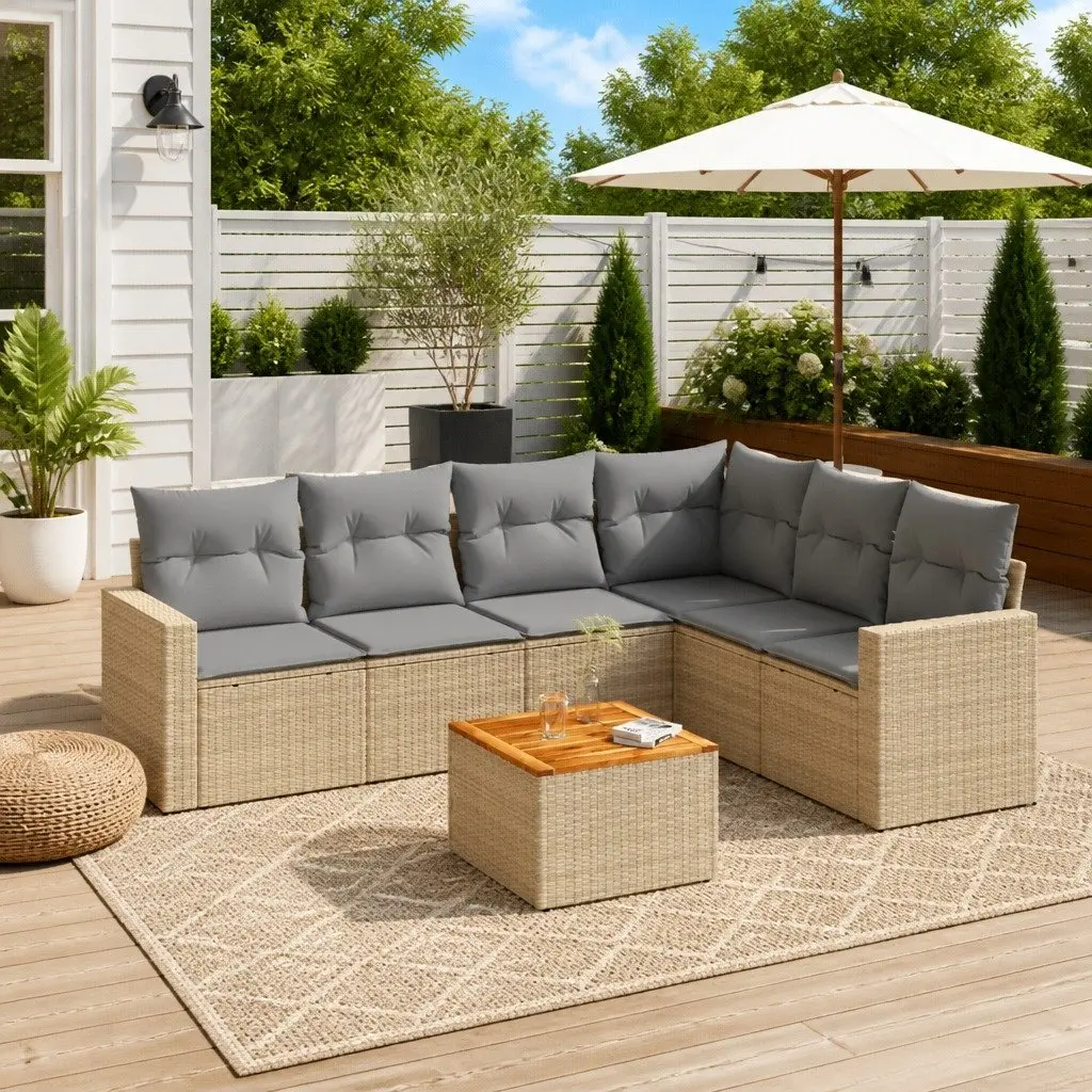 Garden Sofa Set 7 Piece Outdoor Furniture Modular Beige Poly Rattan