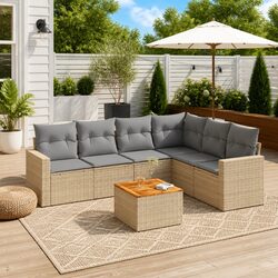 Compact 7 Piece Outdoor Sofa Set in Beige Poly Rattan