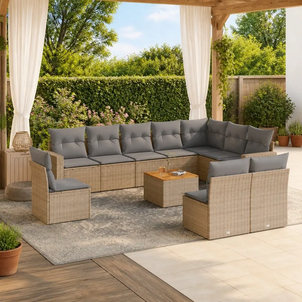 Garden Sofa Set 11 Piece Outdoor Furniture Beige Poly Rattan Patio Lounge