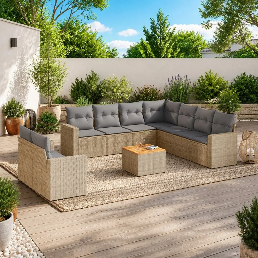 Garden Sofa Set 10 Piece Outdoor Furniture Beige Poly Rattan Patio Lounge