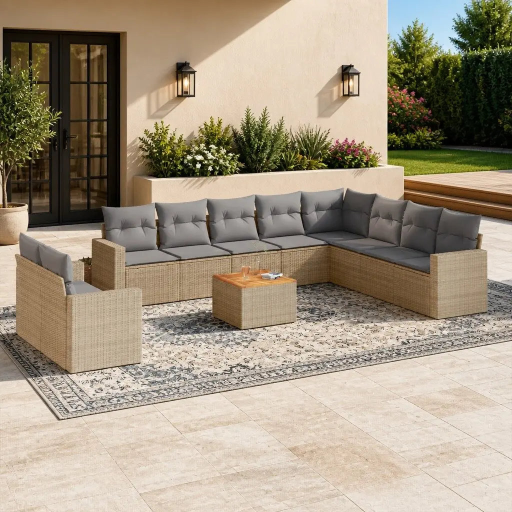 Garden Sofa Set 11 Piece Outdoor Furniture Beige Poly Rattan Patio Seating