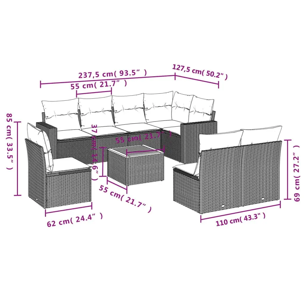 Garden Sofa Set 9 Piece Outdoor Furniture Beige Poly Rattan Patio Lounge