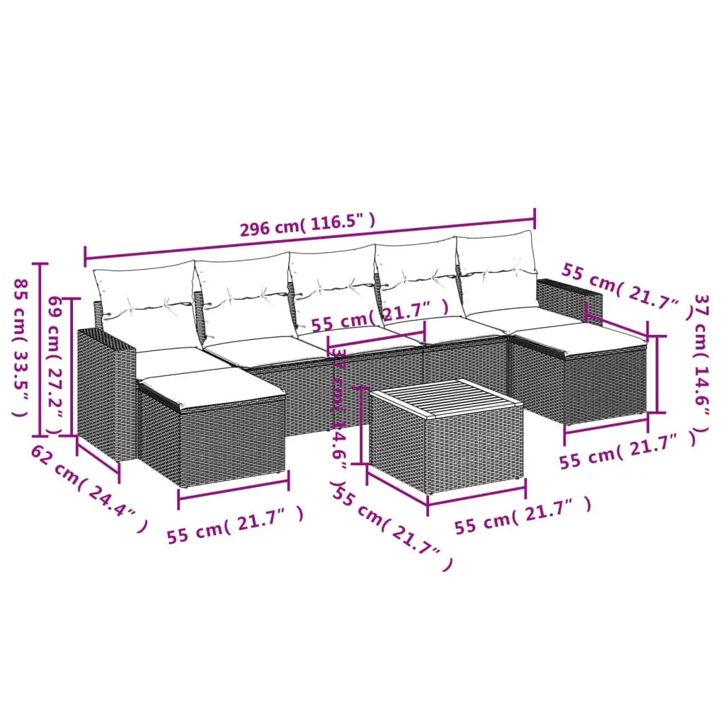 8 Piece Garden Sofa Set Grey Outdoor Patio Furniture with Storage Cushions