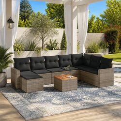 Comfortable 9-Piece Grey Rattan Sofa Set for Outdoor Use