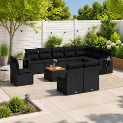 11 Piece Outdoor Garden Sofa Set with Storage Cushions Black Poly Rattan