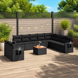 11 Piece Outdoor Garden Sofa Set with Storage Cushions Black Poly Rattan Patio